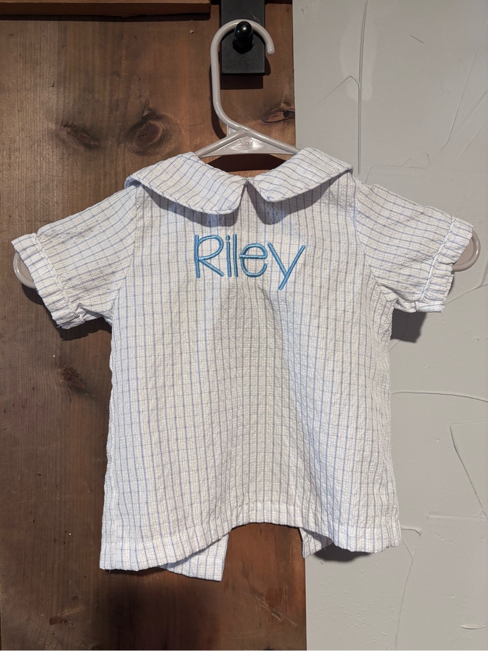 “RILEY” Personalized White & Light Blue Striped Peter Pan Collar Kids Top